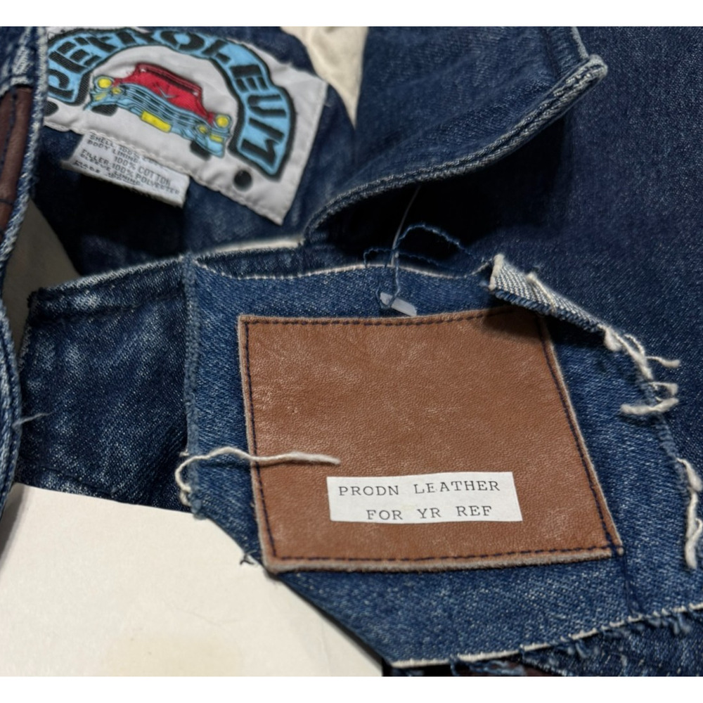 Vintage 70s 80s Quilted Lined Denim Long  Coat Leather Trim Sample Tag Rare - Picture 5 of 15